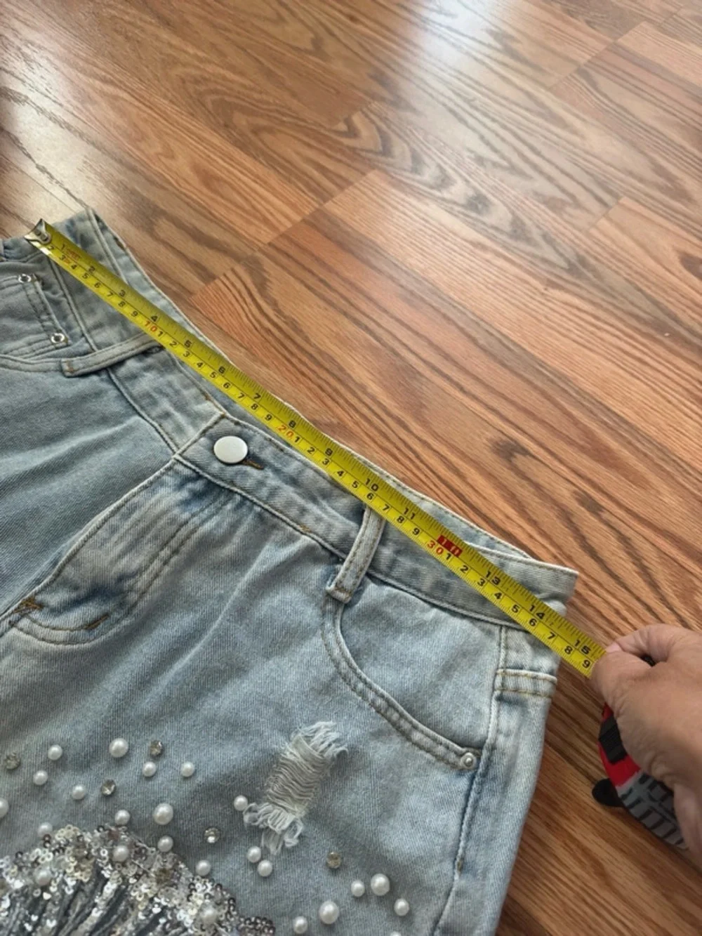 Embellished Light Blue Denim Fringe Shorts